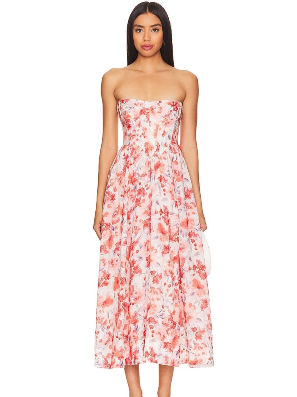 Strapless Floral Midi Dress in Coral and Cream